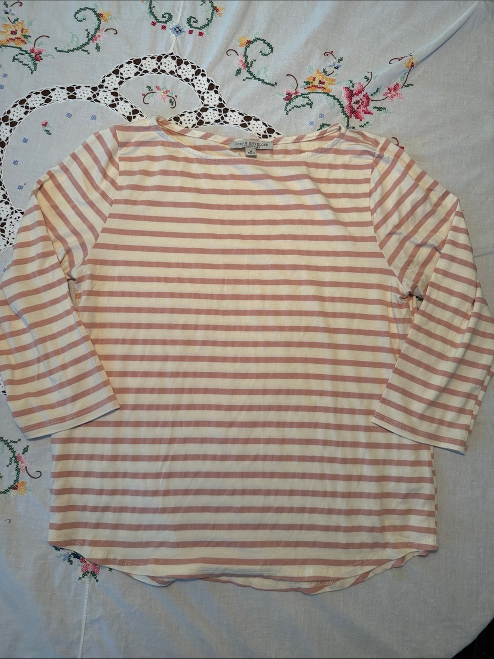 Green Envelope Los Angeles Cream and Blush Striped Long-Sleeve Boatneck Top